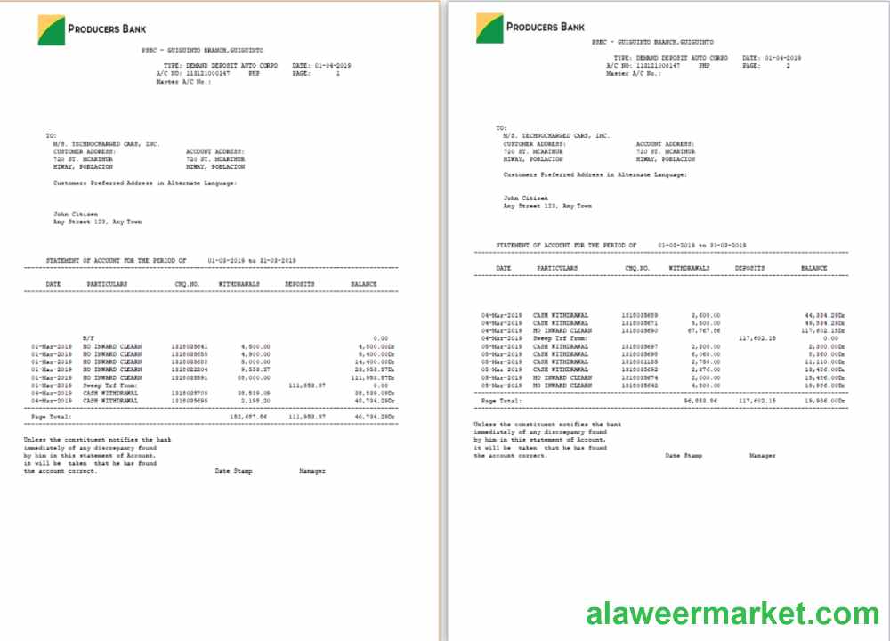 Philippines Producers Bank statement Word and PDF template, 2 pages
